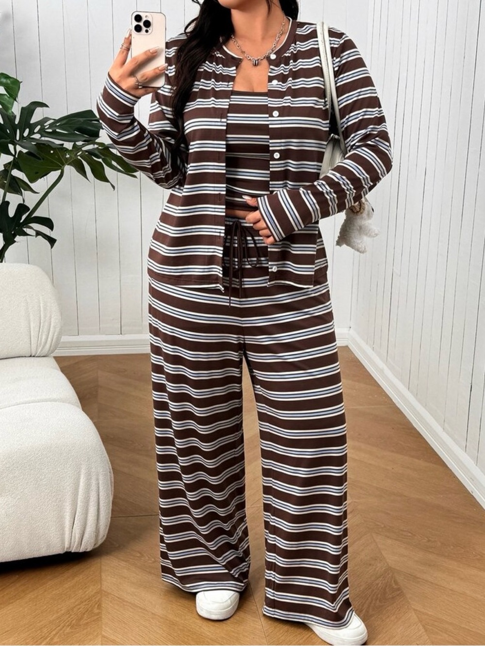 SHEIN Brown & White Striped Wide-Leg Pants Two-Piece Set